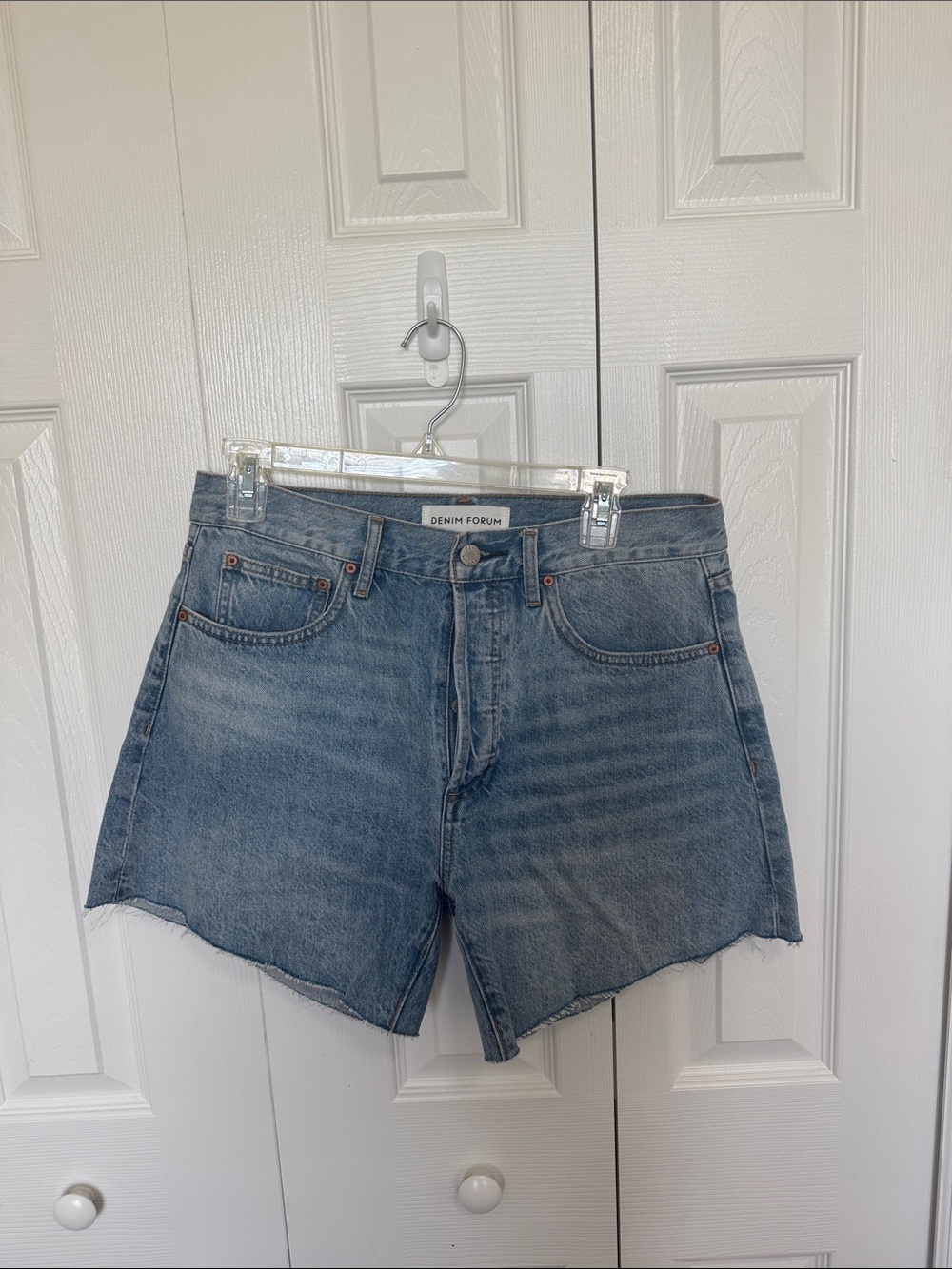 Denim Forum Light Blue High-Rise Raw Hem Jean Shorts